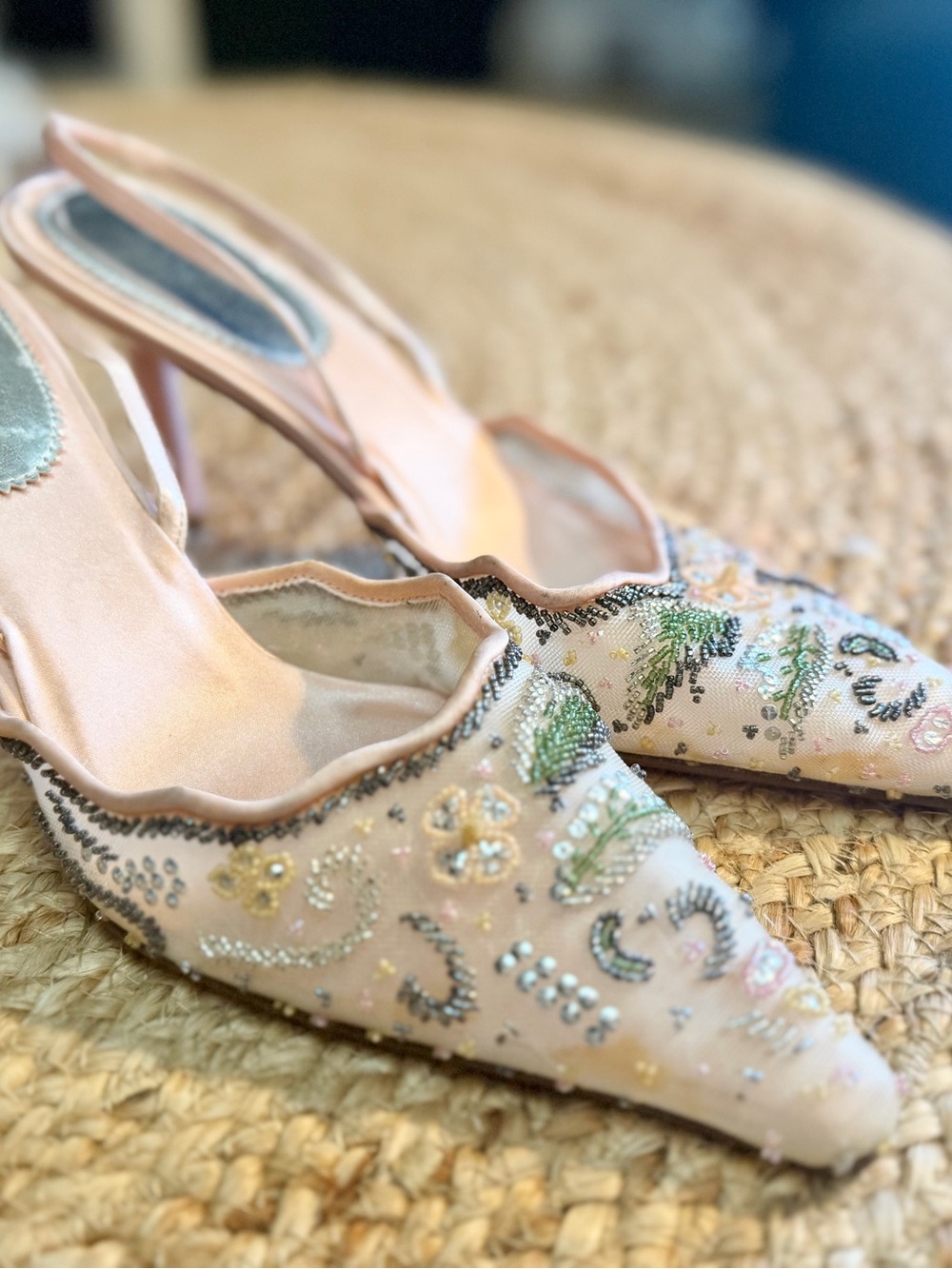 Valerie Stevens Embellished Blush/Pink Beaded Slingback Heels